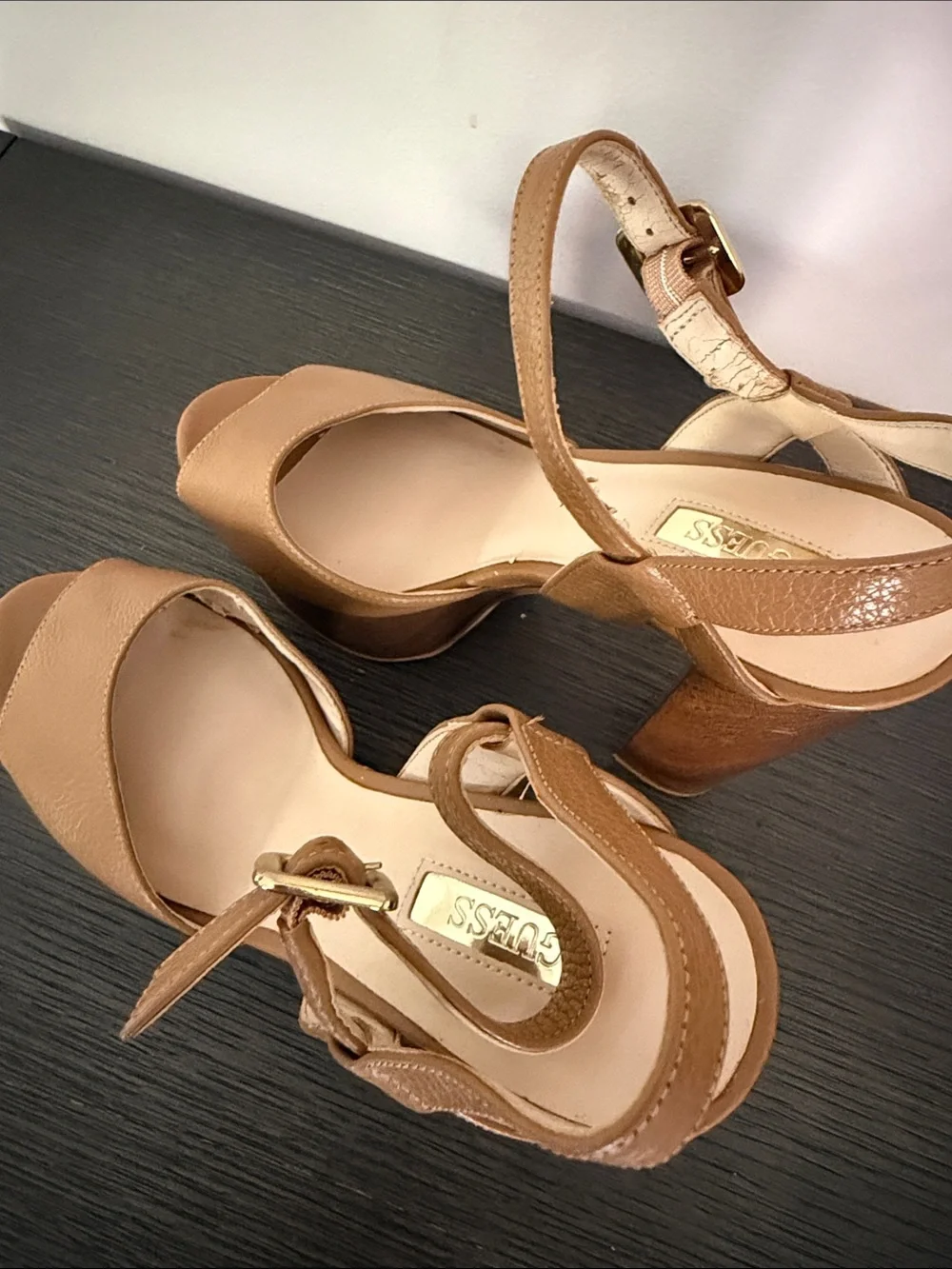 Guess Tan Platform Sandals with Wooden Block Heel